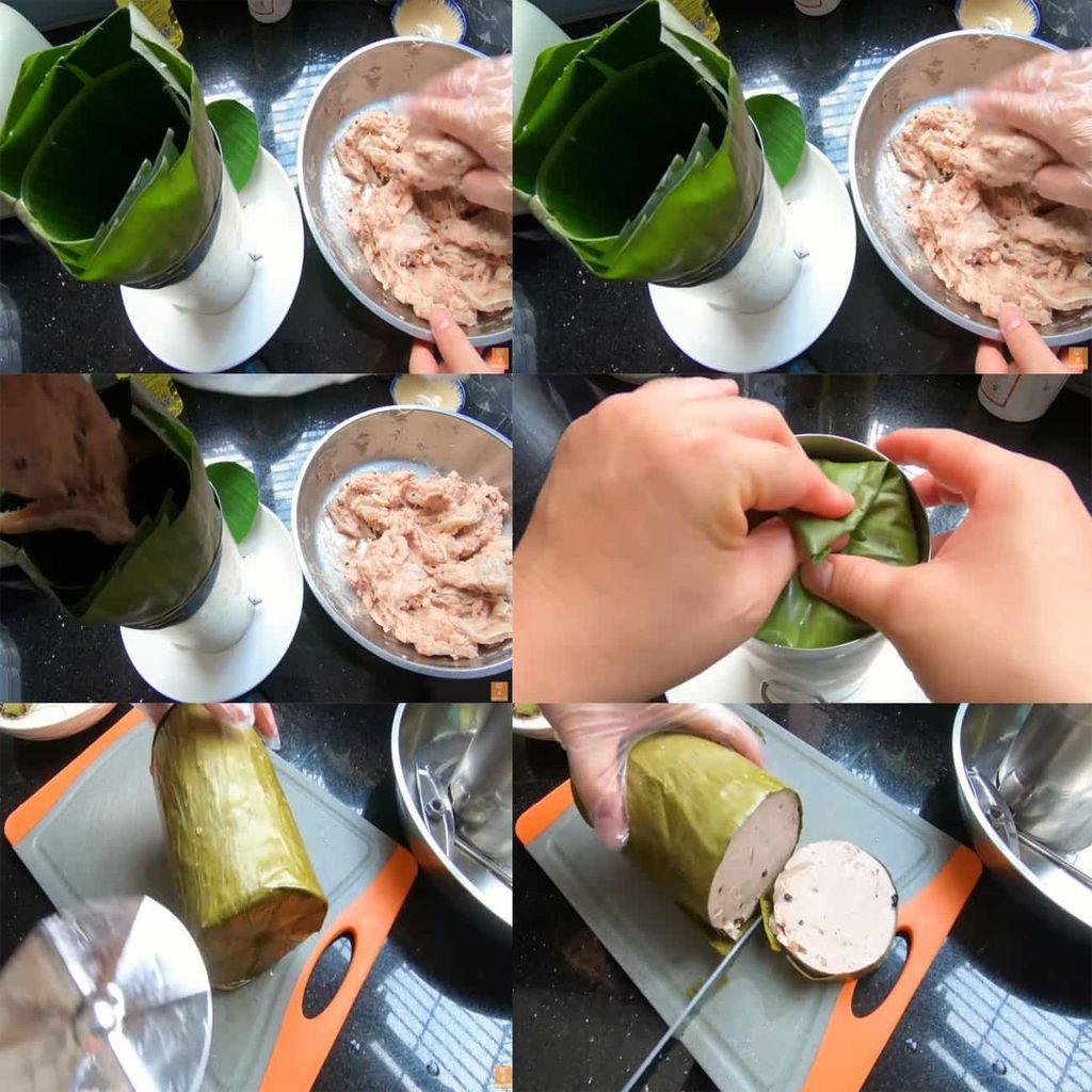 Gói chả lụa bằng lá chuối truyền thống trước khi hấp để làm bánh mì