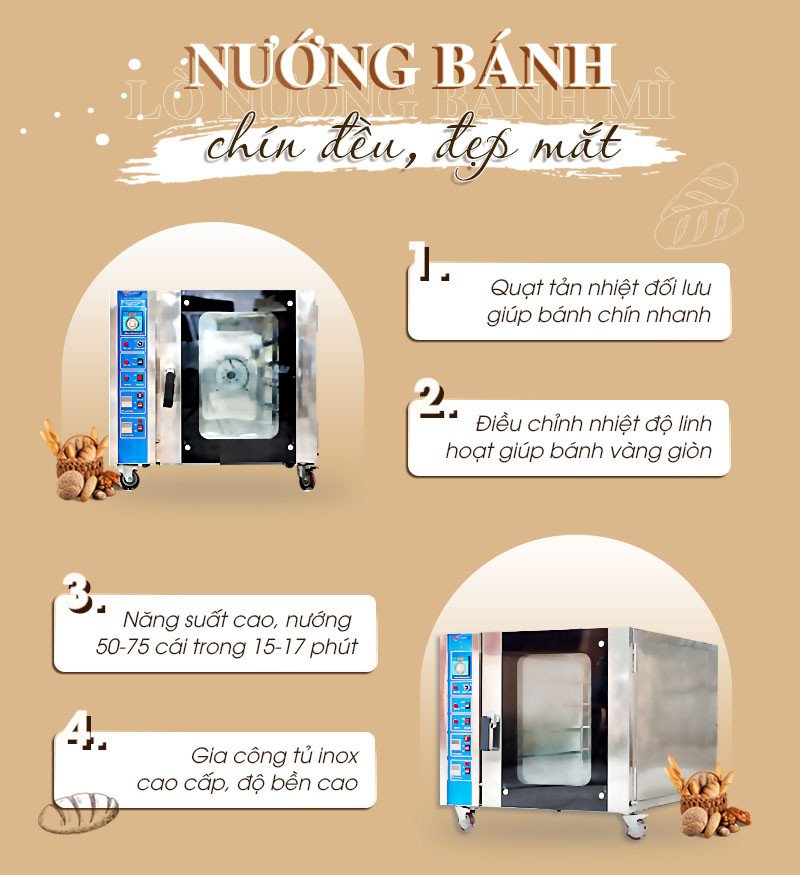 Hệ thống quạt đối lưu phân phối nhiệt đều trong lò nướng bánh mì, giúp bánh vàng giòn