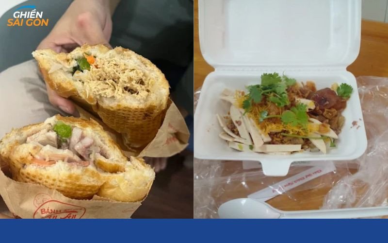 Hình ảnh cận cảnh nhân bánh mì gà An An với rau và thịt tươi ngon