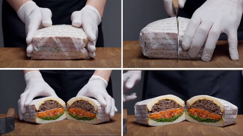 Hình ảnh chiếc bánh mì sandwich kẹp thịt đã cắt đôi