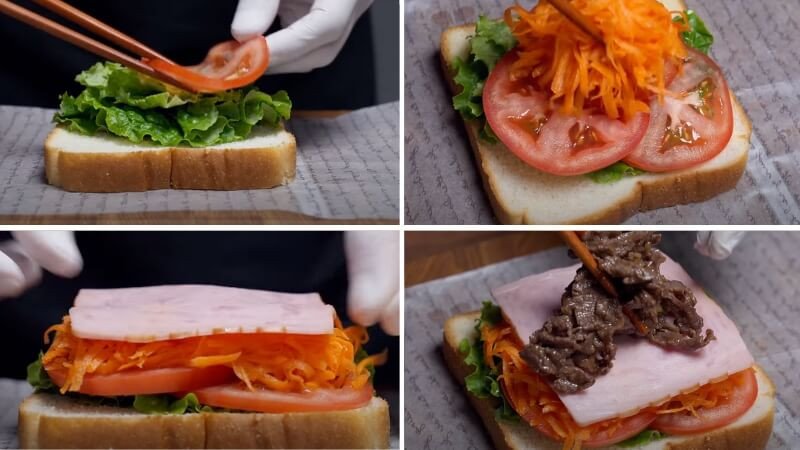 Hình ảnh sắp xếp các nguyên liệu lên bánh mì sandwich