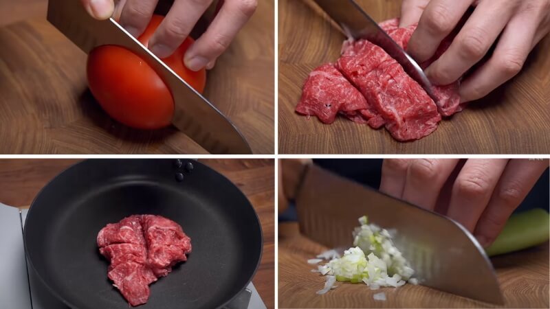 Hình ảnh thái và ướp thịt bò với hành lá