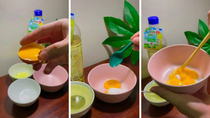 Hỗn hợp bơ trứng gà đang được đánh bông chuẩn bị thành bơ ăn bánh mì