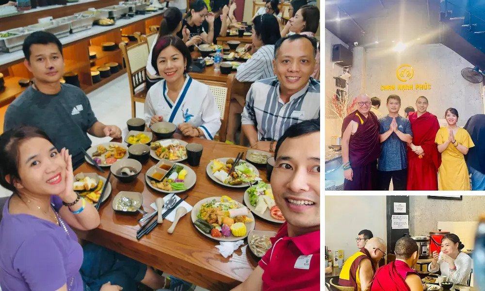 Khách hàng hài lòng trải nghiệm tại Buffet chay Hạnh Phúc