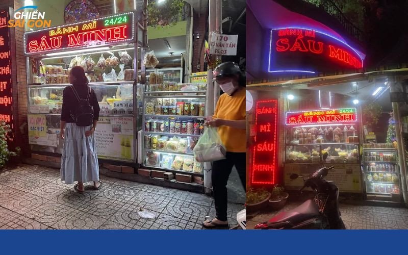 Khách hàng xếp hàng chờ mua bánh mì Sáu Minh tại khu vực có mái che rộng rãi