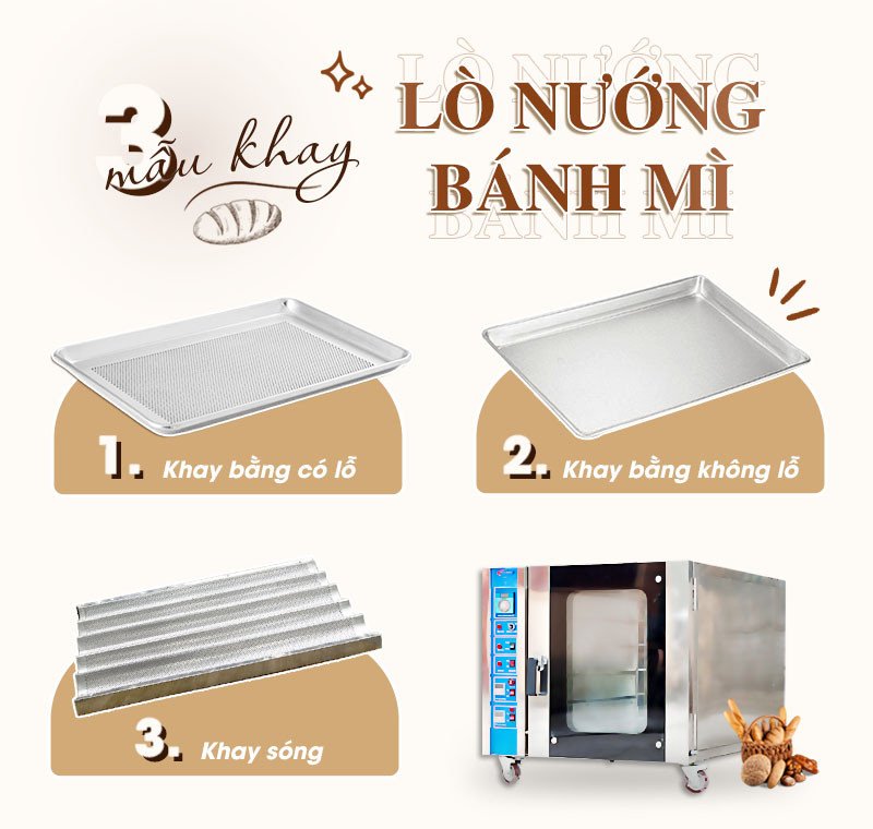 Kích thước khay nướng đa dạng 400x600mm và 462x720mm cho lò nướng bánh mì đối lưu