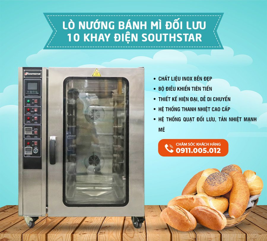 Lò nướng bánh mì đối lưu 10 khay màu trắng bạc của thương hiệu Southstar, đang hoạt động hiệu quả.