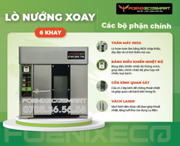 Lò nướng bánh mì xoay 6 khay với thân vỏ inox sáng bóng