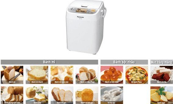 Màn hình hiển thị các chương trình làm bánh của máy Panasonic, đa dạng công thức