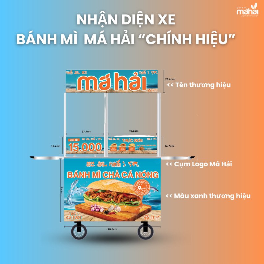 Mẫu xe bánh mì Má Hải logo cam đặc trưng giúp khách hàng dễ dàng nhận diện