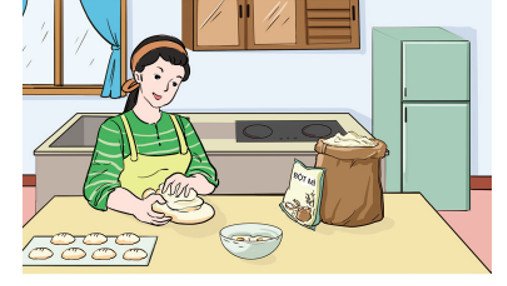 Minh họa cách tính toán phân số của số tiền, ví dụ Hà dùng 3/8 số tiền mẹ cho mua bánh mì một cách hợp lý.