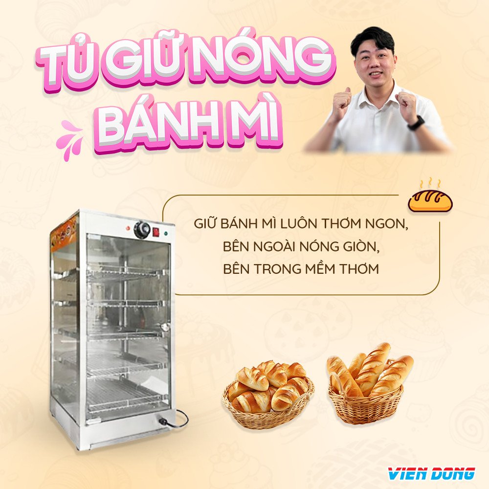 Minh họa tủ hâm nóng bánh mì với nhiều khay bên trong, sẵn sàng phục vụ.