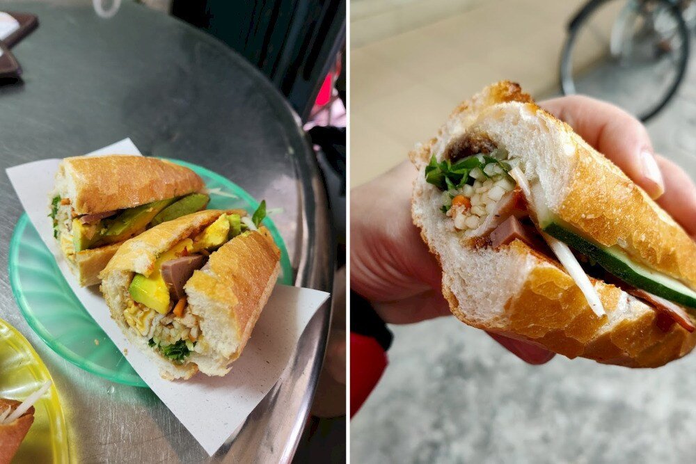Món bánh mì truyền thống Việt Nam tại quán Bánh Mì Phi, với chả cá và pate thơm ngon