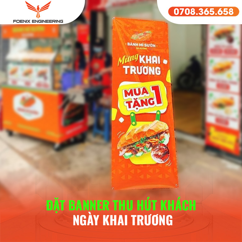 Một banner quảng cáo tiệm bánh mì với ưu đãi khai trương nổi bật