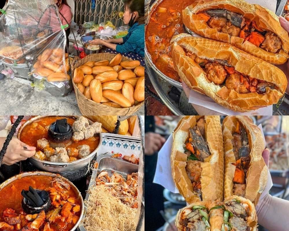 Một gánh bánh mì xíu mại truyền thống với nồi nước sốt nghi ngút khói
