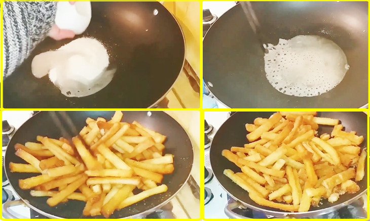 Ngào đường trắng bao phủ đều lên từng miếng bánh mì chiên