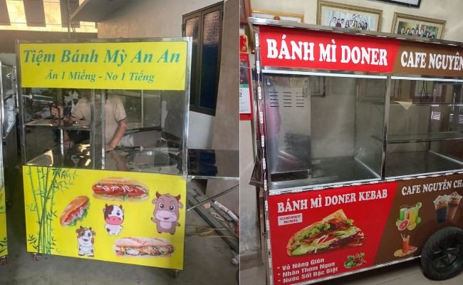 Người kinh doanh đang kiểm tra xe bánh mì thanh lý, thể hiện sự băn khoăn về chất lượng