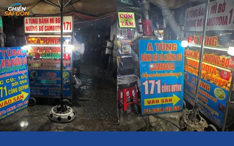 Người thợ đang chế biến bánh mì Campuchia, chuẩn bị nhân và phết bơ