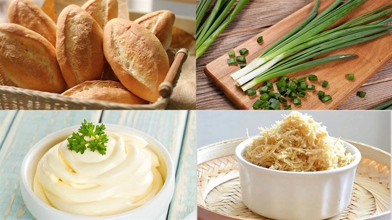 Nguyên liệu chuẩn bị làm bánh mì mỡ hành gồm bánh mì, hành lá, chà bông