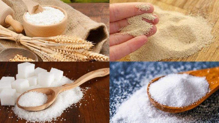 Nguyên liệu cơ bản để làm bánh mì truyền thống như bột mì, men nở và muối