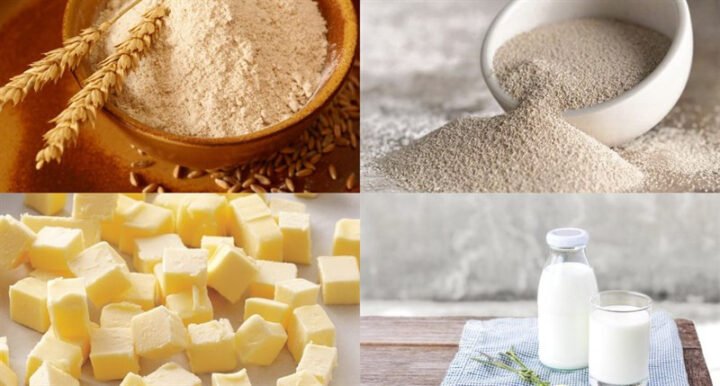 Nguyên liệu làm bánh mì sandwich tại nhà gồm bột mì, men, bơ, sữa