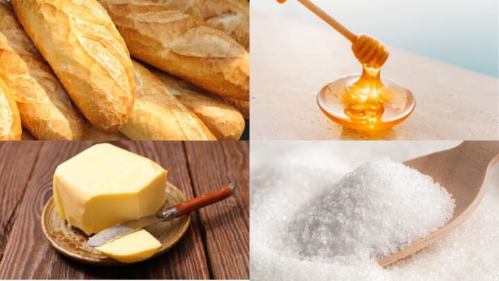 Nguyên liệu làm bánh mì sấy bơ mật, bao gồm bánh mì, bơ và mật ong.