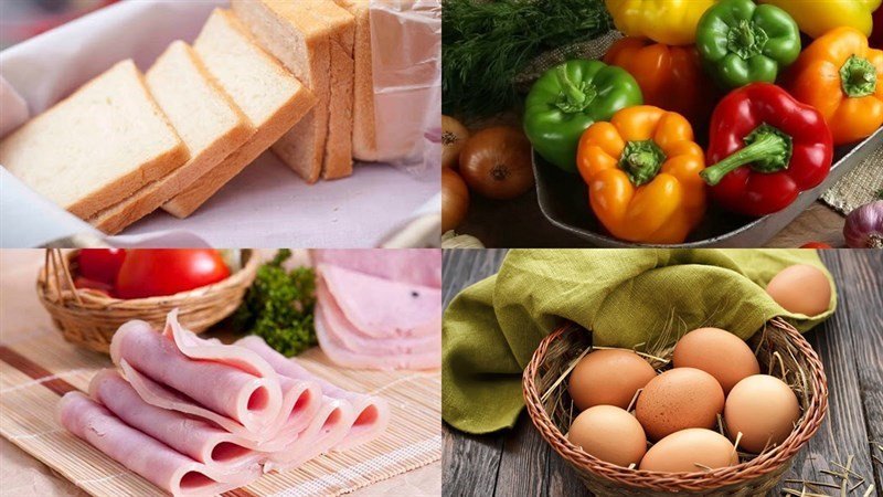 Nguyên liệu làm pizza từ bánh mì lát với thịt nguội