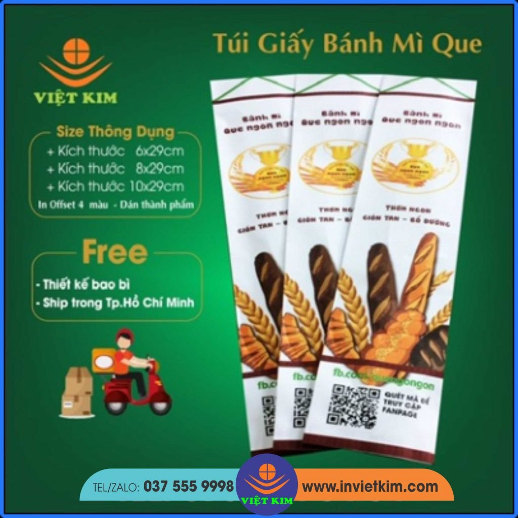 Nhiều mẫu bao bì bánh mì que khác nhau, bao gồm loại giấy kraft và loại có in ấn logo thương hiệu