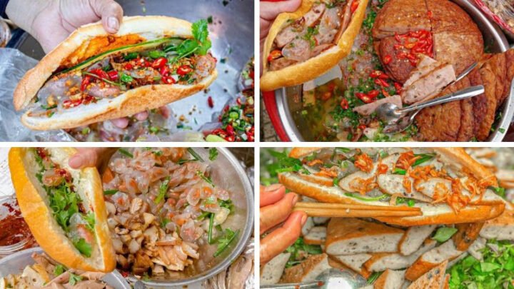 Ổ bánh mì bột lọc giòn rụm với nhân tôm thịt đầy đặn, nước sốt đặc trưng tại quán 73 Huỳnh Thúc Kháng Đà Nẵng