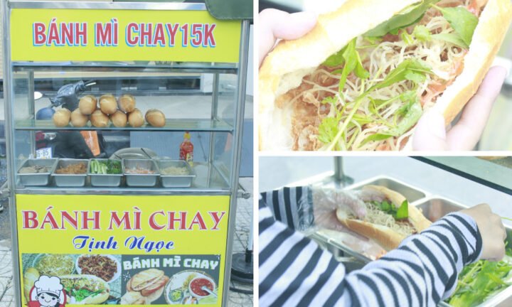 Ổ bánh mì chay Tịnh Ngọc nóng giòn với nhân bì chay và rau tươi