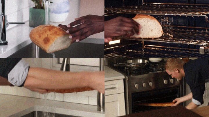 Ổ bánh mì cũ đang được làm nóng giòn lại trong lò nướng