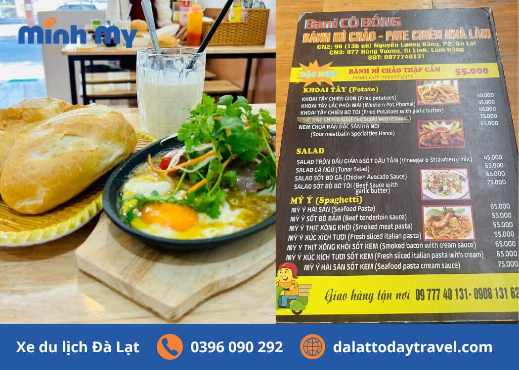 Phần bánh mì chảo đa dạng tại Bami Cô Bống Đà Lạt