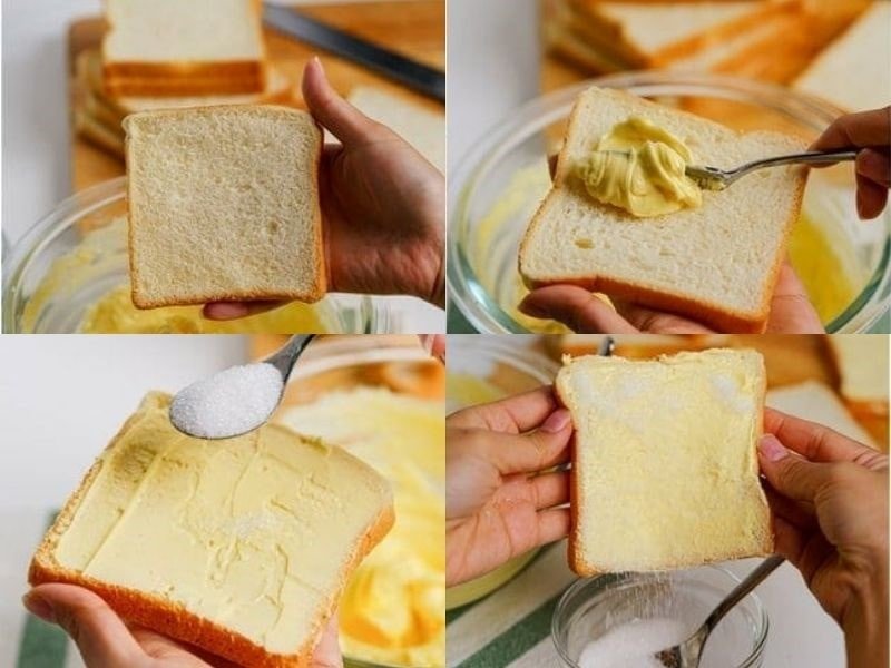 Phết bơ và đường lên bánh mì sấy