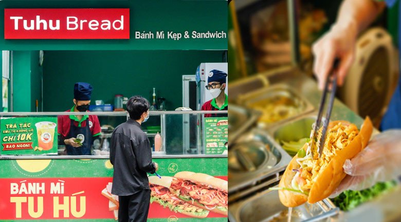 Quầy bánh mì đa dạng, đầy màu sắc, cho thấy sự phong phú của ẩm thực đường phố Hà Nội