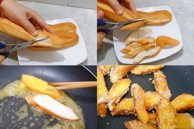 Quy trình cắt và chiên bánh mì giòn với bơ, một phần quan trọng trong cách làm bánh mì chiên giòn