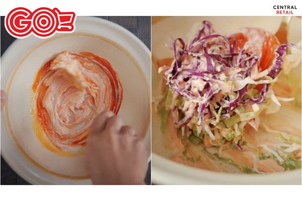 Salad rau củ trộn sốt cho món bánh mì tam giác