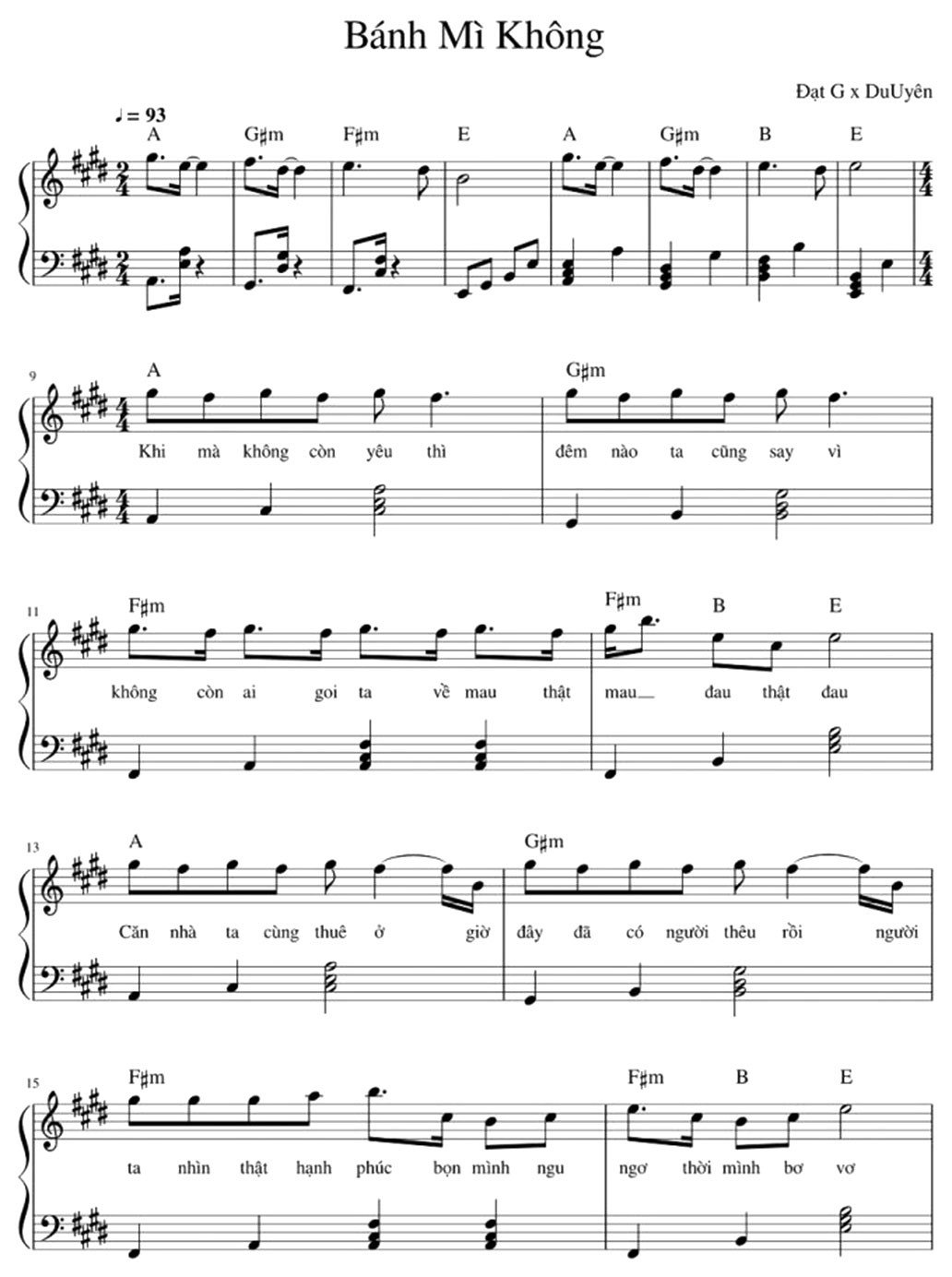 Sheet nhạc piano chi tiết cho bài hát Bánh Mì Không, phục vụ người học đàn