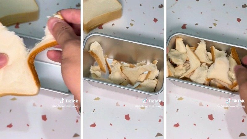 Sơ chế bánh mì sandwich bằng cách xé nhỏ