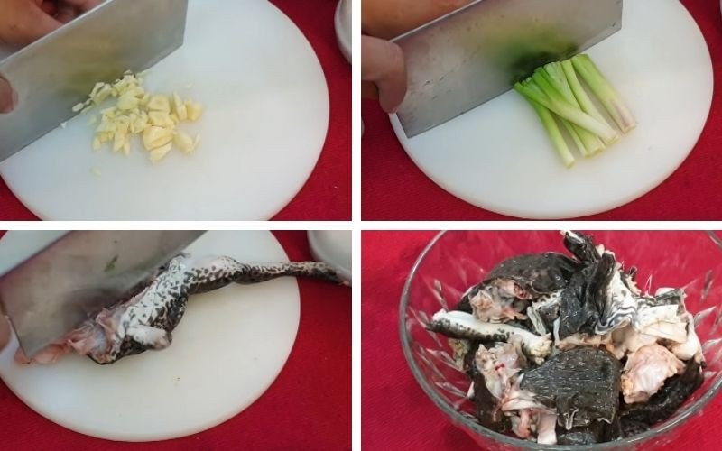 Sơ chế các nguyên liệu để làm món ếch xào sả ớt chấm bánh mì