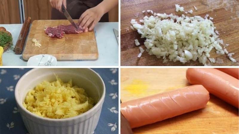 Sơ chế thịt bò và xúc xích cho món bánh mì chảo bít tết