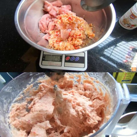 Sơ chế thịt lợn và trộn gia vị để làm chả lụa mềm mịn