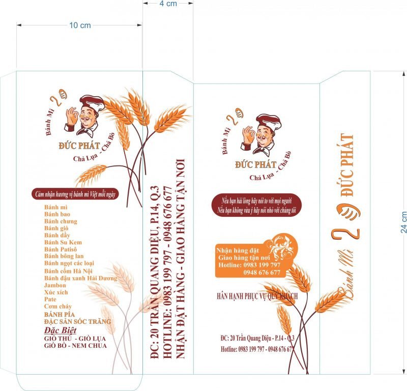 Thiết kế túi đựng bánh mì với logo và họa tiết độc đáo, màu sắc tươi sáng