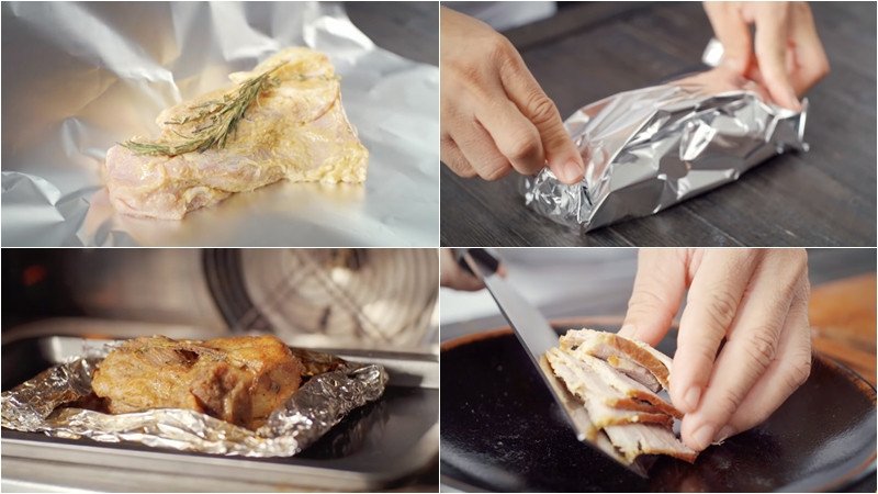 Thịt nướng kebab được gói giấy bạc, đảm bảo chín mềm và giữ ẩm khi nướng trong lò