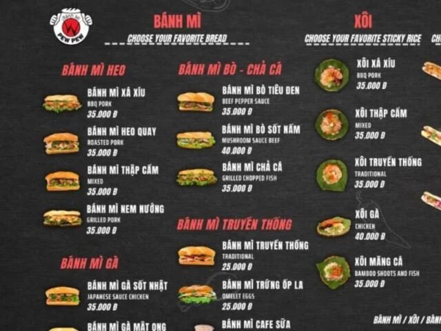 Thực đơn của bánh mì Pewpew với nhiều lựa chọn hấp dẫn