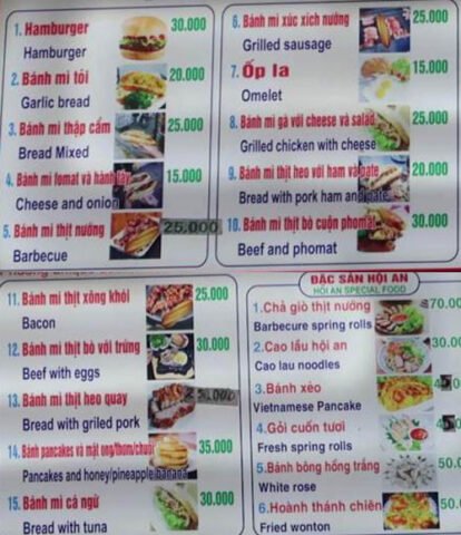 Thực đơn đa dạng các loại bánh mì tại quán Bánh mì Phượng Hội An