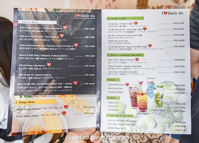 Thực đơn đa dạng các loại bánh mì và đồ uống tại quán i love banh mi 아이러브반미.