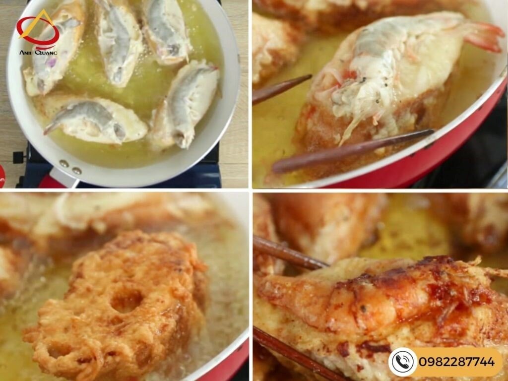 Tiến hành chiên bánh mì chiên tôm