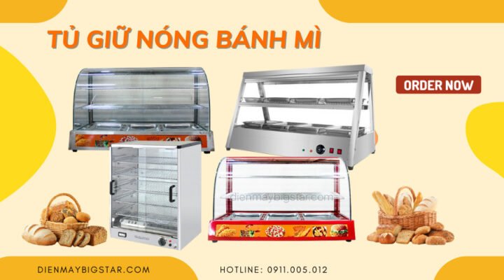 Tủ làm nóng bánh mì hiện đại trưng bày đa dạng bánh ngọt và bánh mì