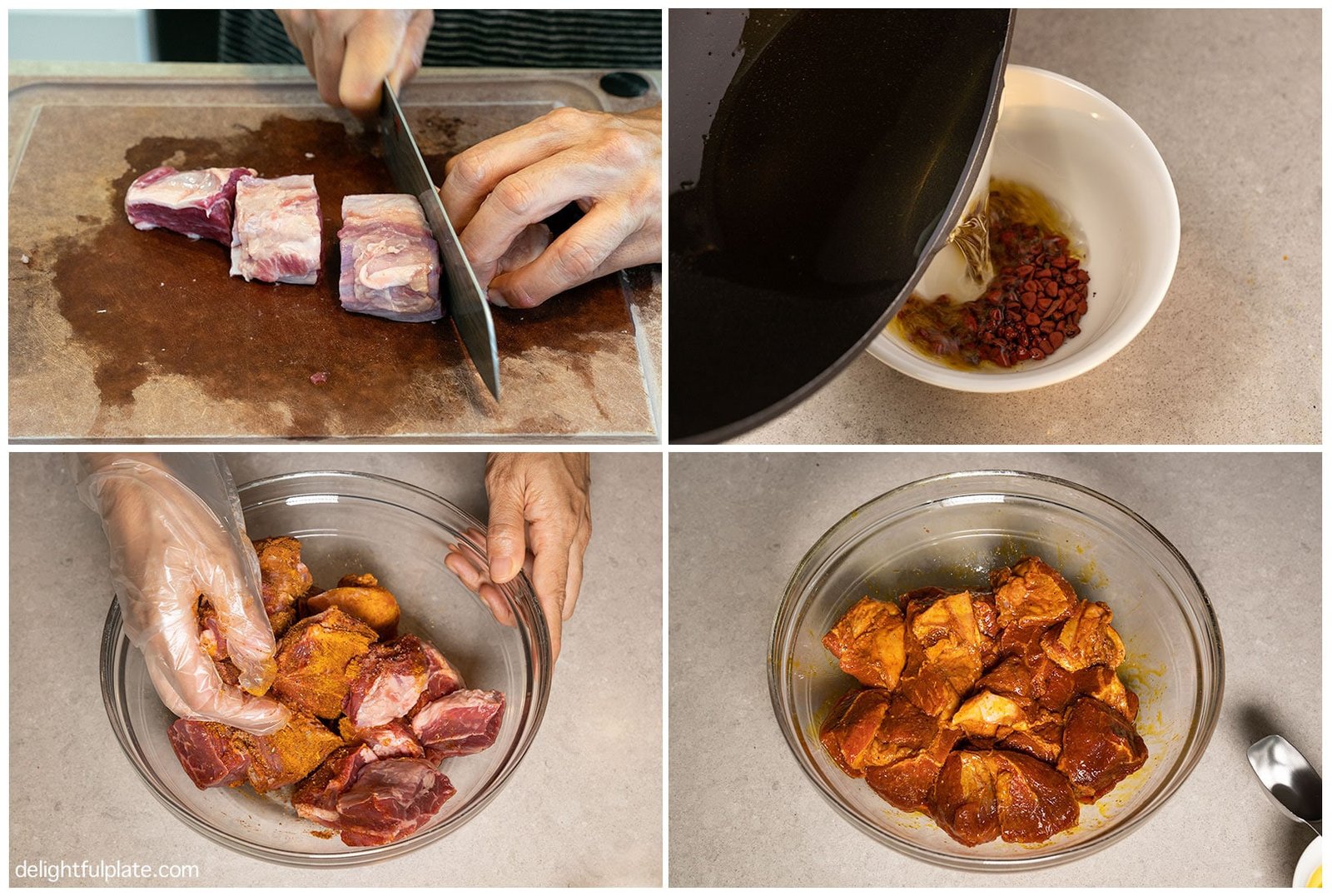 Ướp thịt bò với các loại gia vị để chuẩn bị làm bò kho bánh mì