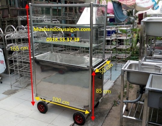 Xe bánh mì 1m inox sáng bóng với tủ kính trưng bày